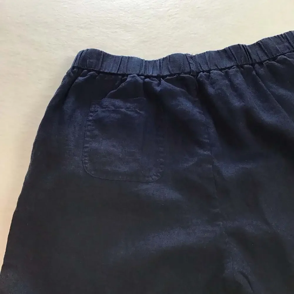 Quince European Linen Pull on Pants side pockets Sz Medium Navy Blue Chic